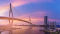 Twilight sky background over twin suspension bridge river front