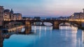 Twilight sky scene of Ponte Santa Trinita Holy Trinity Bridge day to night timelapse over River Arno Royalty Free Stock Photo