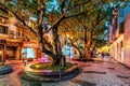 Twilight street view of the historic center of Macao. Scenic townscape of old city with street illumination