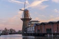 Twilight after sunset shot in Schiedam, Netherlands is famous for its windmills which are the highest in the world and Royalty Free Stock Photo