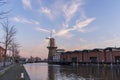 Twilight after sunset shot in Schiedam, Netherlands is famous for its windmills which are the highest in the world and Royalty Free Stock Photo