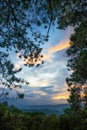 Twilight sunset sunrise sky in forest surrounded with trees framing the sky