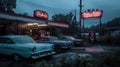Twilight Tales: Vintage Cars at Abandoned Gas Station./n Royalty Free Stock Photo