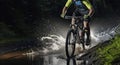 Twilight Terrain - Mountain biker at night riding through forest stream and splashing water around. Generative AI