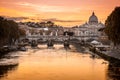Twilight On Tiber River With Sight Of Vatican Dome Of Saint Peter Basilica And Sant`Angelo Bridge In Rome, Italy