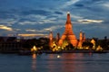 Twilight time of Wat Arun across Chao Phraya River in Bangkok, T