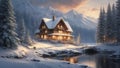 Twilight Tranquility. Two-Story Cabin in Snowy Forest with Bridge and Babbling Stream. AI Generated