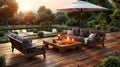 Twilight Tranquility. Wooden Seats and Whispers of Sunset in a Garden Patio. Generative AI