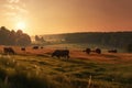 Twilight transforms the grazing cows into enchanting shadows against the sunset