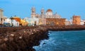 Twilight view of Cathedral and ocean coast in Cadiz