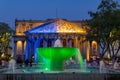 Twilight view of the Degollado Theater with fountain