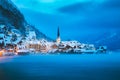 Twilight view of Hallstatt in winter, Salzkammergut, Austria Royalty Free Stock Photo
