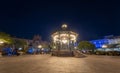 Twilight view of the Kiosco de la Musas and Government Palace