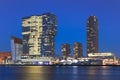 Twilight view on Kop van Zuid with illuminated buildings, Rotterdam, Netherlands Royalty Free Stock Photo