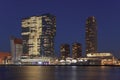 Twilight view on Kop van Zuid with illuminated buildings, Rotterdam, Netherlands Royalty Free Stock Photo