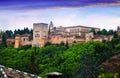 Twilight view of Nazaries palaces of Alhambra. Granada