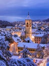 Twilight view of the old Swiss city of Schaffhausen town in winter with Christimas season illumination Royalty Free Stock Photo