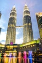 Twilight view of the Petronas Twin Towers and Suria mall in the Malaysian capital, Kuala Lumpur
