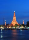 Twilight view of Wat Arun across Chao Phraya River during sunset in Bangkok, Thailand