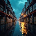 Twilight warehouse loading; rain slicked boxes gleam under lights, containers, commerce Royalty Free Stock Photo
