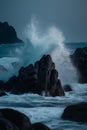 Twilight Wave Crashing Against Rocky Shore