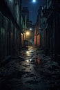 Twilight Whispers in the Alley. Mysterious city decay with expressive graffiti tales. Nighttime allure. Generative AI