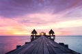 Twilight wood bridge at Djittabhawan Temple tourist attraction in Pattaya