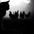 Silhouette of cat observing chicken outside Royalty Free Stock Photo