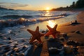 Twilights charm, pair of starfish rest upon beach, silhouette against setting sun