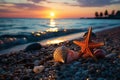 Twilights charm, pair of starfish rest upon beach, silhouette against setting sun