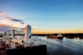 Twilights and night views of cargo terminal and pier for loading bulk cargo of cooper concentrates by shore facilities. Port of Va Royalty Free Stock Photo