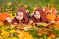 Twin babies in jackets with ears lie on blanket among autumn foliage, pumpkins and apples. One baby smiles, another baby is