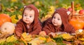 Twin babies in jackets with ears lie on blanket among autumn foliage, pumpkins and apples. One baby smiles, another baby is