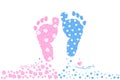 Twin baby boy and girl. Baby foot prints. Baby arrival greeting card vector Royalty Free Stock Photo