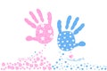 Twin baby boy and girl. Baby hand prints. Baby arrival greeting card vector Royalty Free Stock Photo