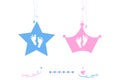 Twin baby boy and girl star with crown baby foot print vector