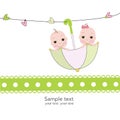 Twin baby boy and girl with umbrella baby shower card Royalty Free Stock Photo