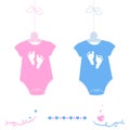 Twin baby girl and boy, baby body with feet prints arrival greeting card vector