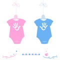 Twin baby girl and boy, baby body with hand prints arrival greeting card vector