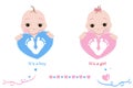 Twin baby girl and boy. Baby feet and hand print. Baby arrival card pink, blue colored hearts Royalty Free Stock Photo