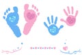 Twin baby girl and boy feet and hand print arrival card pink, blue colored with shining diamonds hearts Royalty Free Stock Photo