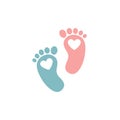 Twin baby girl and boy feet prints arrival greeting card with hearts. Vector illustration on white background. Feet silhouette for Royalty Free Stock Photo