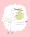 Twin baby girl and boy with stork baby arrival card Royalty Free Stock Photo