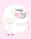 Twin baby girl and boy with stork baby arrival greeting card Royalty Free Stock Photo