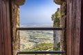 A twin bar window provides a panoramic view from Kantara Castle over the Mesaoria Plain in Northern Cyprus