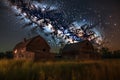 Twin barns under summer night sky. Generative AI