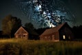 Twin barns under summer night sky. Generative AI