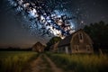 Twin barns under summer night sky. Generative AI