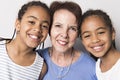 Black twin girls child with grandmother in studio white background