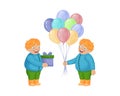 Twin boys congratulate each other on their birthday. Boys with gifts and balloons. Cute boys in cartoon style with gifts